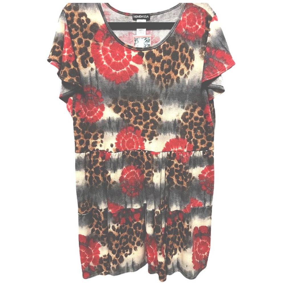 Heimish Womens Top XL BabyDoll Tie Dye Leopard Red Gray‎ Black Short sleeve NEW